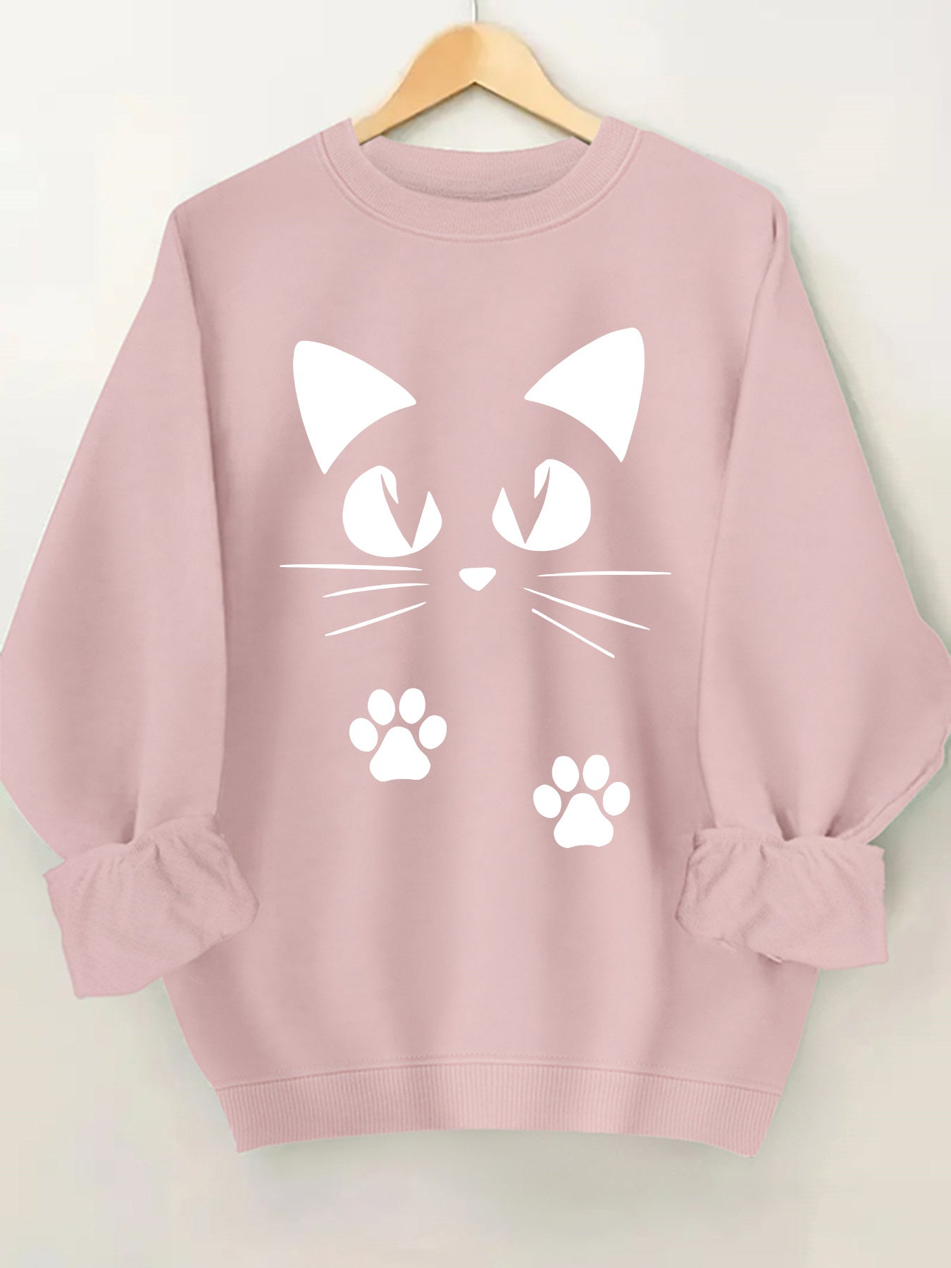 🐾 Sudadera Rosa con Estampado de Gatito para Mujer – Cuello Redondo y Puños Volados, Ideal para Primavera y Otoño 🌸