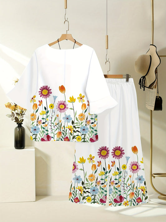 Top de Manga Corta con Estampado Floral Fresco para Damas, Combinado con Pantalones de Pierna Ancha y Cintura Elástica.