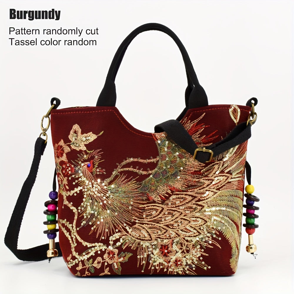 Bolso de Mano Bordado para Mujer, Estilo Retro con Asa Doble y Correa Removible