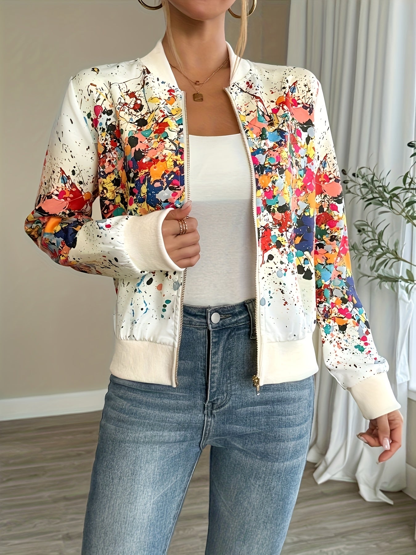 Chaqueta Casual de Tela Teñida para Mujer con Cuello Alto y Detalle de Cremallera - Ligera y Perfecta para Primavera y Otoño 🌿✨
