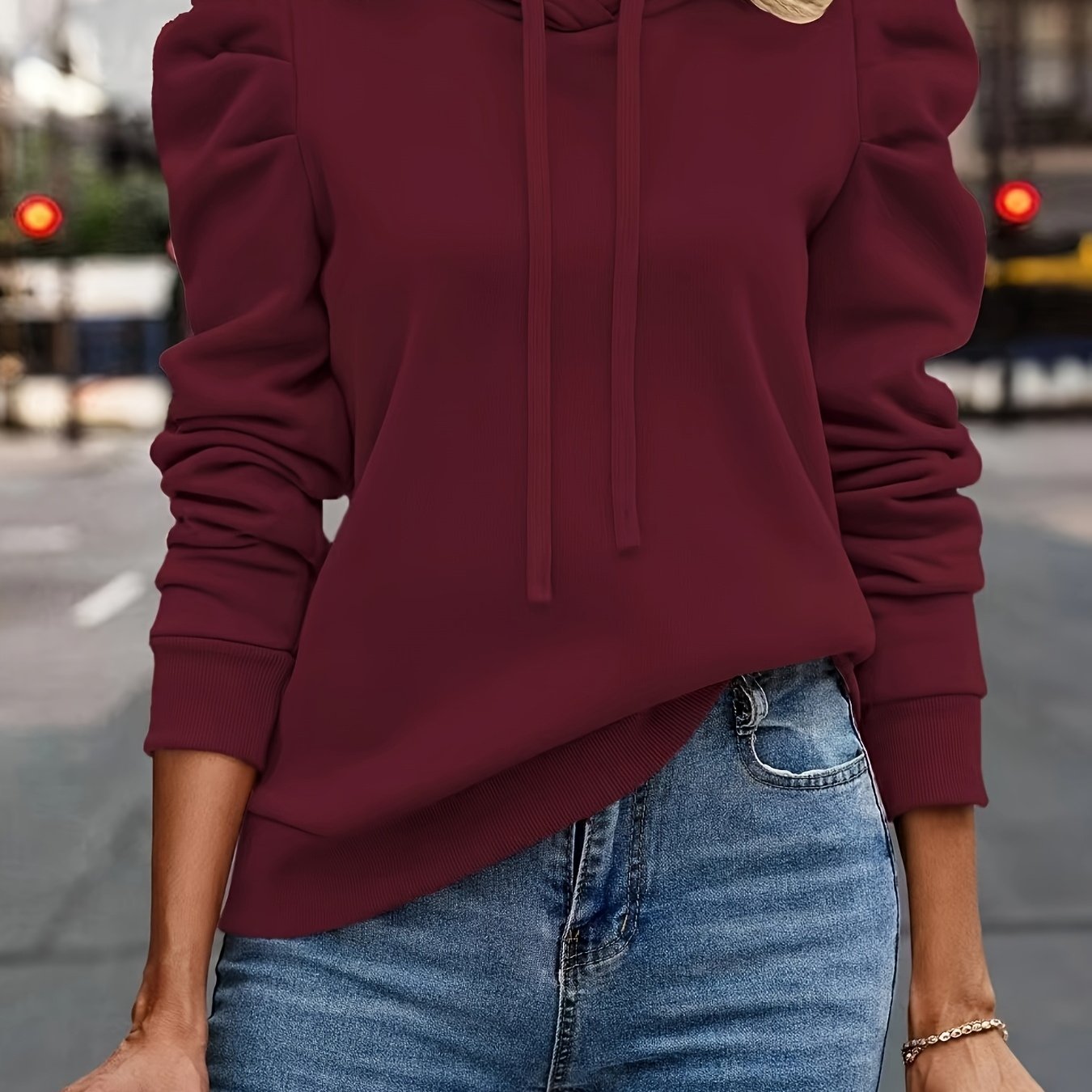 🍂 Hoodie de Color Sólido con Capucha y Mangas Abullonadas – Estilo Casual para Otoño e Invierno