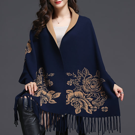 🧣 Chal Elegante de Jacquard con Flecos – Estilo Capa para Otoño e Invierno