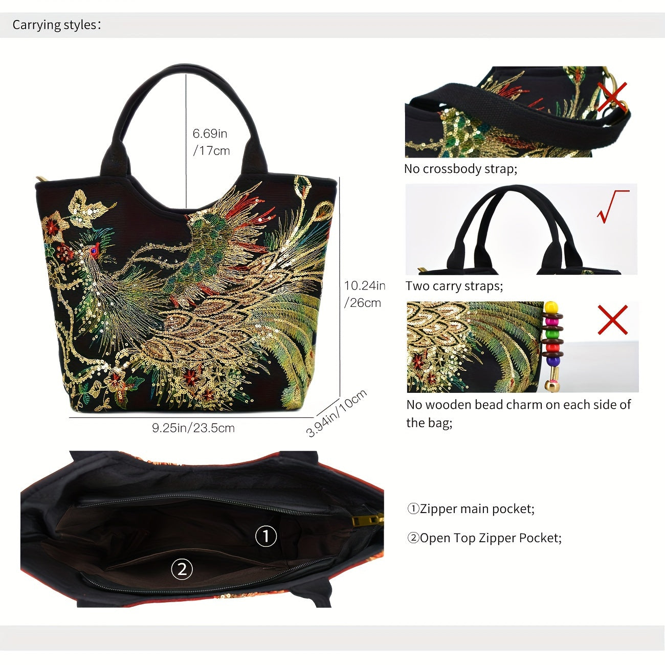 Bolso de Mano Bordado para Mujer, Estilo Retro con Asa Doble y Correa Removible