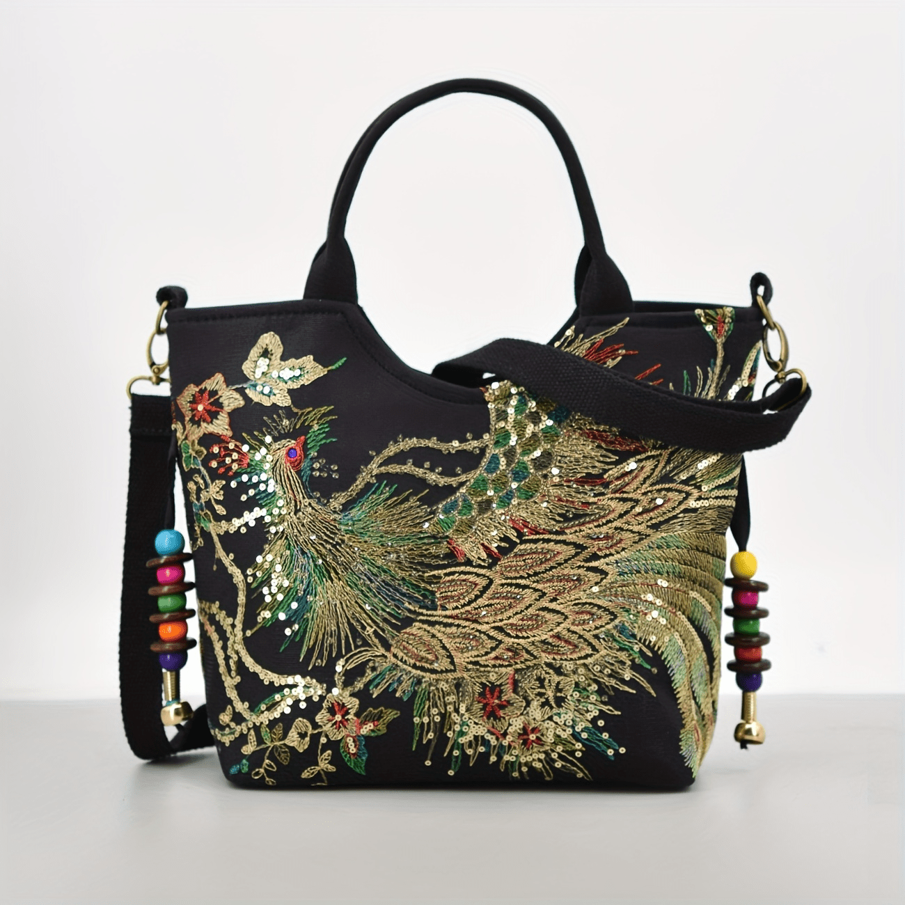 Bolso de Mano Bordado para Mujer, Estilo Retro con Asa Doble y Correa Removible