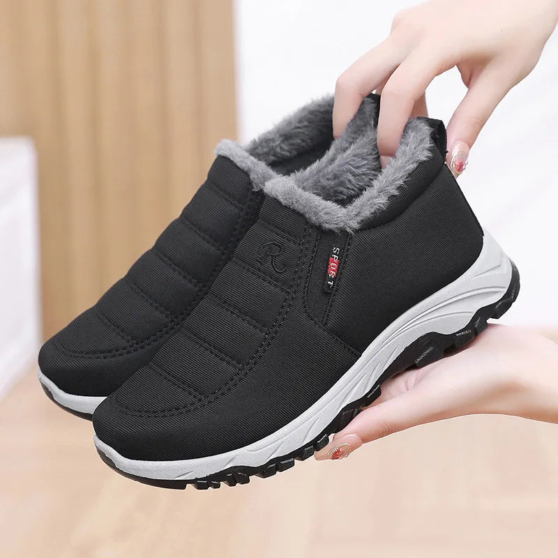 Botas de nieve de invierno para Mujer - Hombre - forro de vellón cálido, suela de goma Antideslizante, Botas de senderismo cómodas hasta el tobillo, negras con ribete de piel blanca para uso casual al aire libre, estilo de