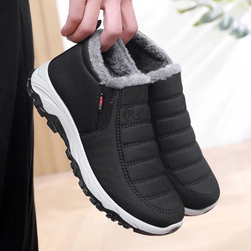 Botas de nieve de invierno para Mujer - Hombre - forro de vellón cálido, suela de goma Antideslizante, Botas de senderismo cómodas hasta el tobillo, negras con ribete de piel blanca para uso casual al aire libre, estilo de