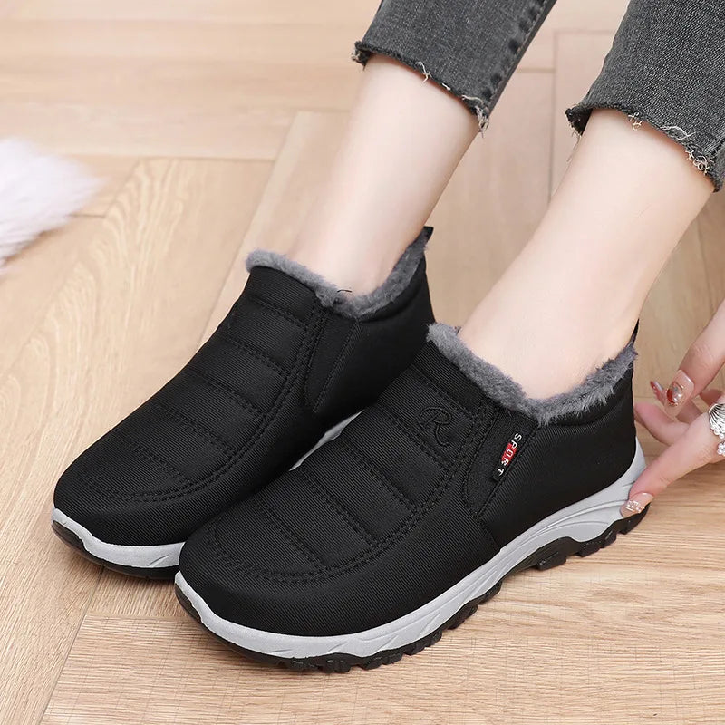Botas de nieve de invierno para Mujer - Hombre - forro de vellón cálido, suela de goma Antideslizante, Botas de senderismo cómodas hasta el tobillo, negras con ribete de piel blanca para uso casual al aire libre, estilo de