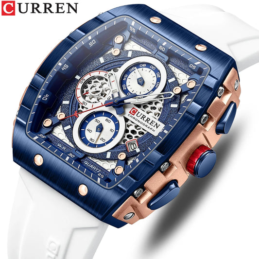 Reloj CURREN para hombre: diseño de lujo con esfera cuadrada, cronógrafo, luz nocturna y resistencia al agua. Elegancia y precisión en tu muñeca.