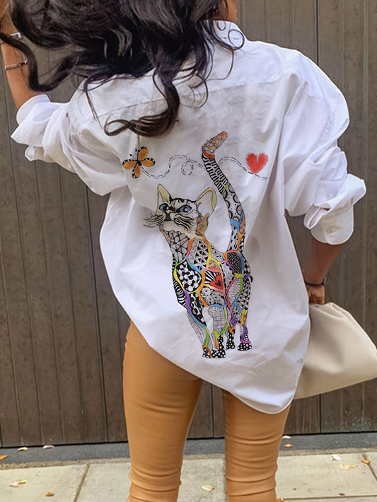 🐾 Camisa Casual con Estampado de Gatito – Bolsillo Frontal y Botones, Ideal para Primavera y Otoño