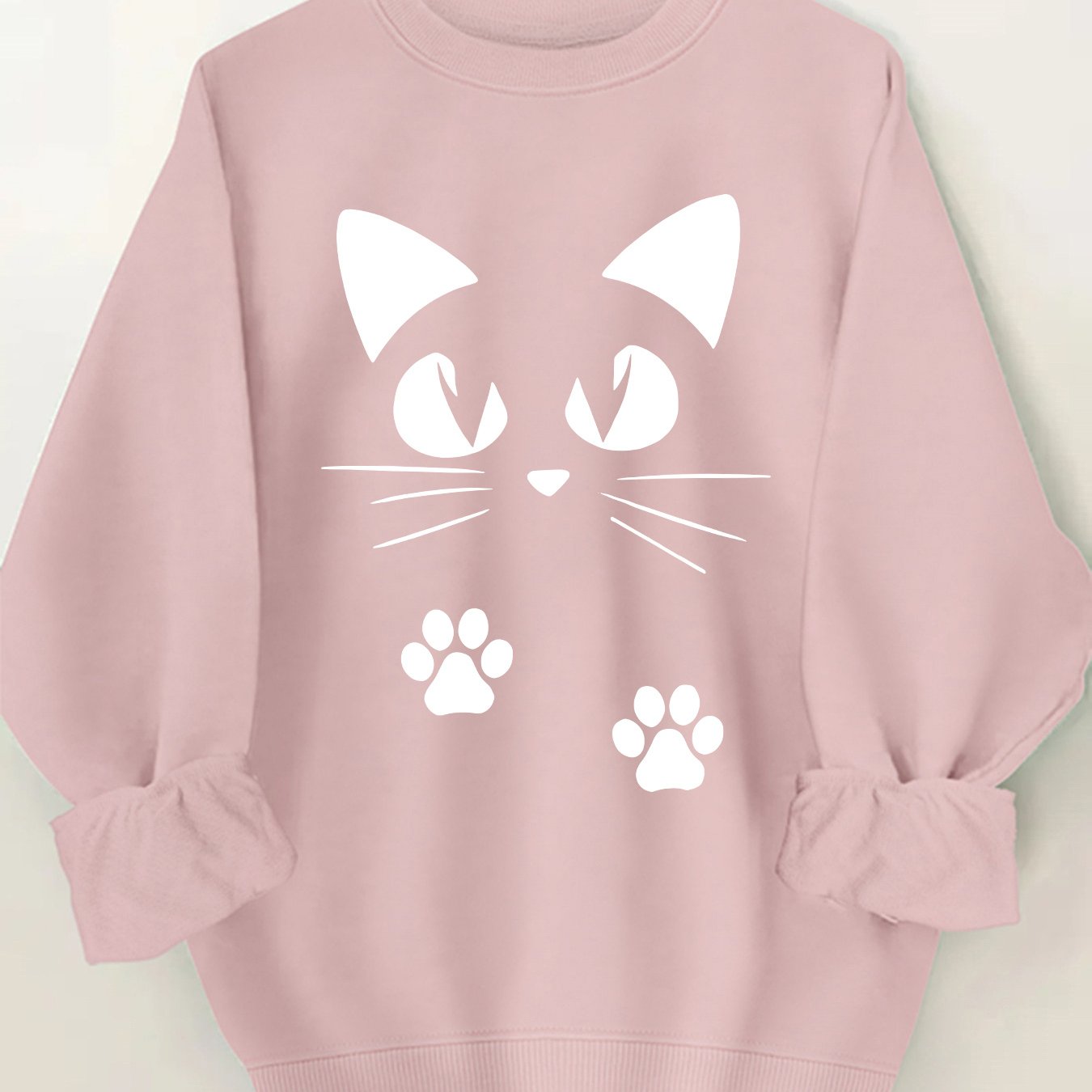 🐾 Sudadera Rosa con Estampado de Gatito para Mujer – Cuello Redondo y Puños Volados, Ideal para Primavera y Otoño 🌸