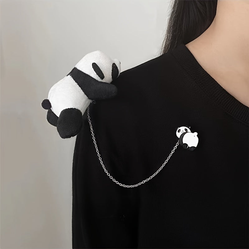 Broche de Peluche para Parejas - Dinosaurio Verde & Panda con Cadena