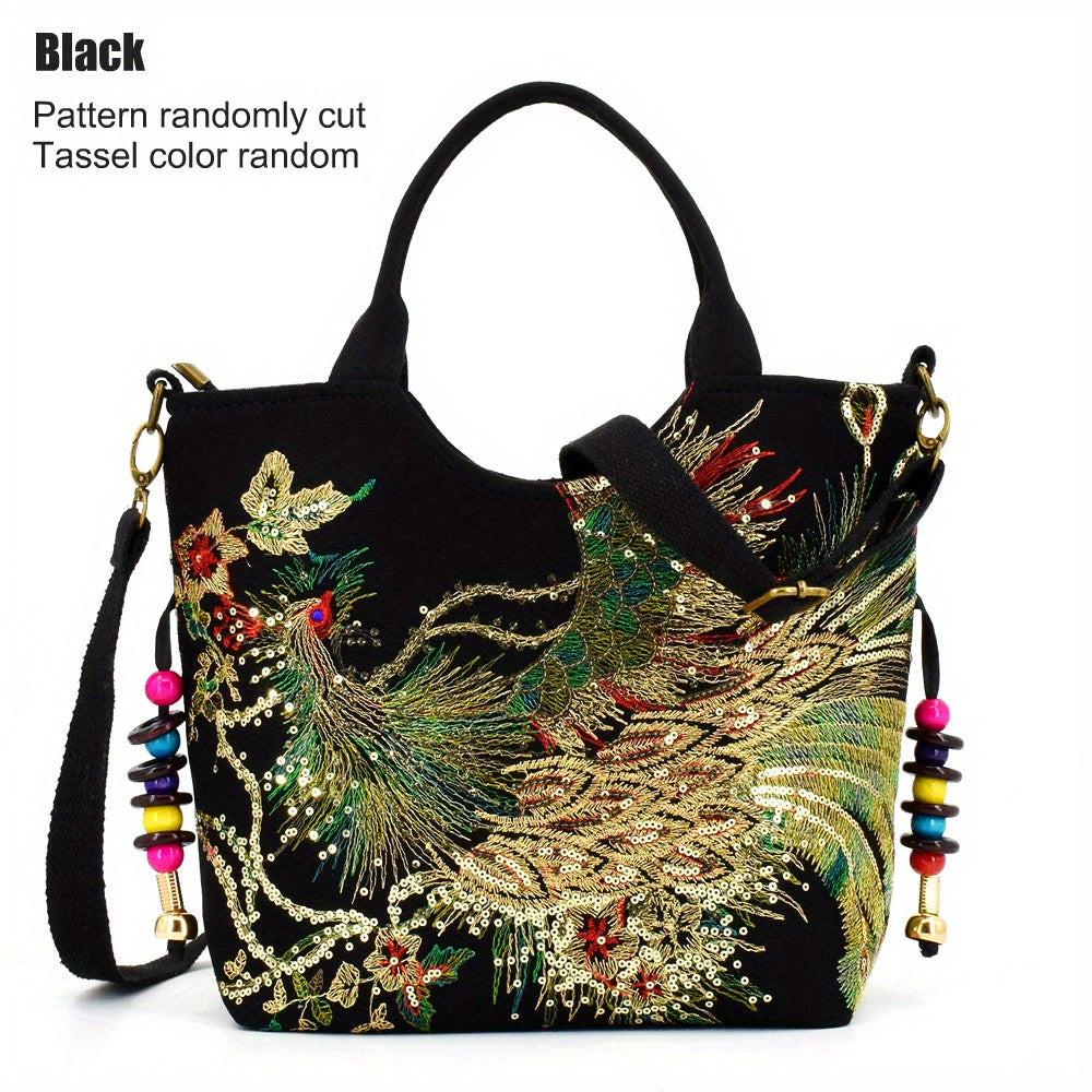 Bolso de Mano Bordado para Mujer, Estilo Retro con Asa Doble y Correa Removible