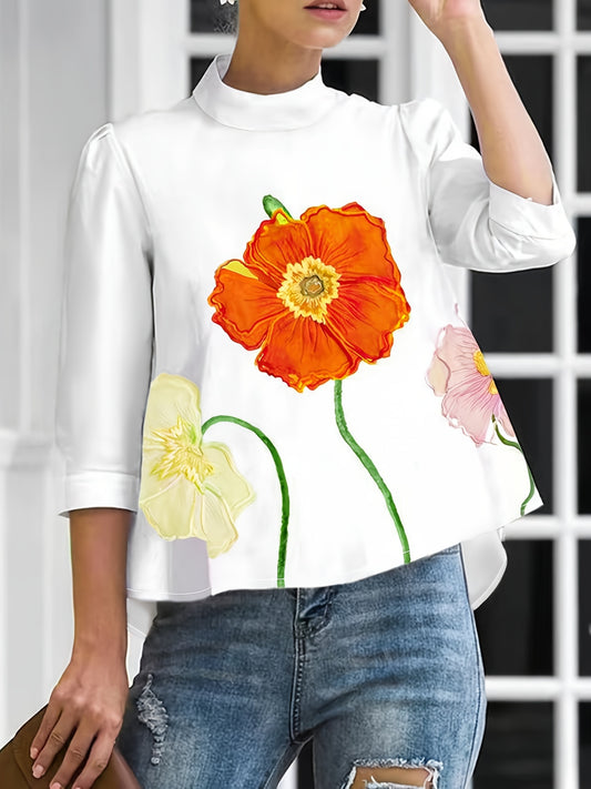 Blusa Elegante con Estampado Floral y Cuello Alto - Mezcla de Poliéster y Spandex, Manga 3/4, Corte Regular con Detalle de Bajo Caído, Camisa Tejida para Mujeres.