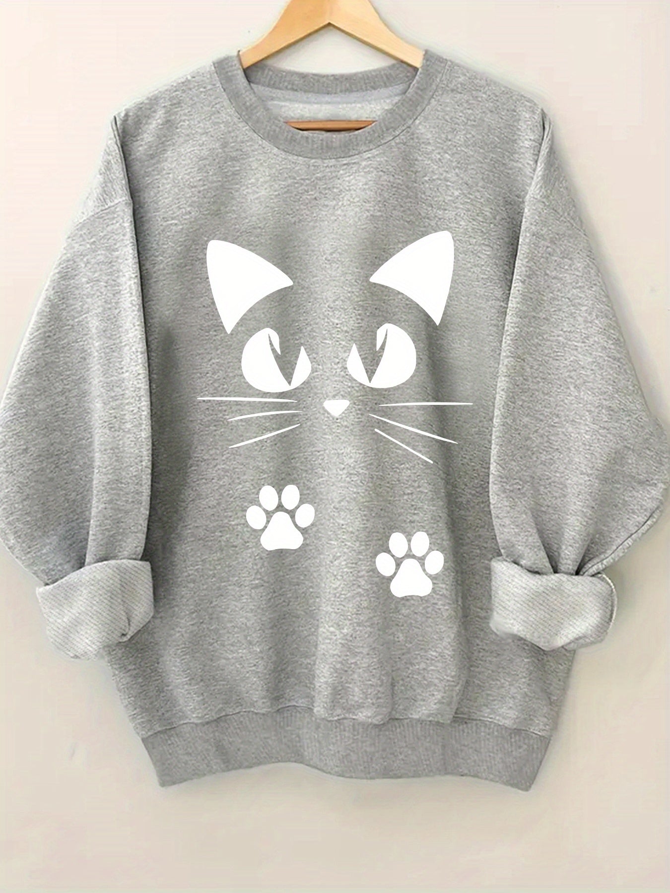 🐾 Sudadera Rosa con Estampado de Gatito para Mujer – Cuello Redondo y Puños Volados, Ideal para Primavera y Otoño 🌸