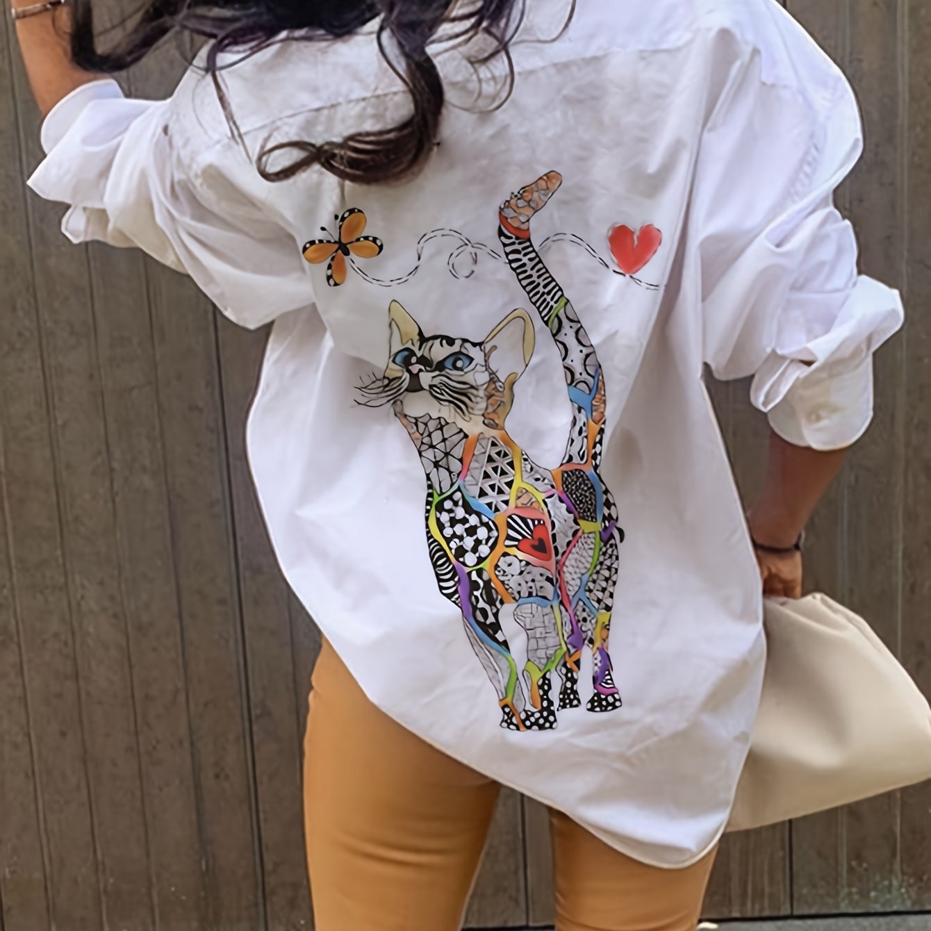 🐾 Camisa Casual con Estampado de Gatito – Bolsillo Frontal y Botones, Ideal para Primavera y Otoño