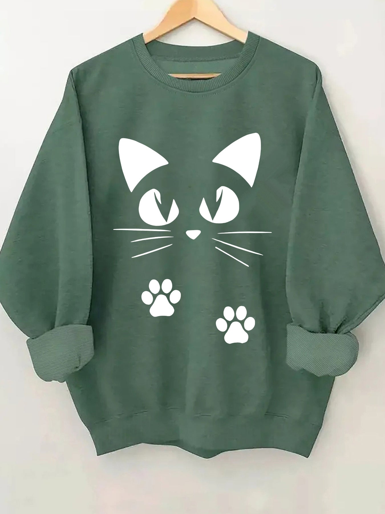 🐾 Sudadera Rosa con Estampado de Gatito para Mujer – Cuello Redondo y Puños Volados, Ideal para Primavera y Otoño 🌸