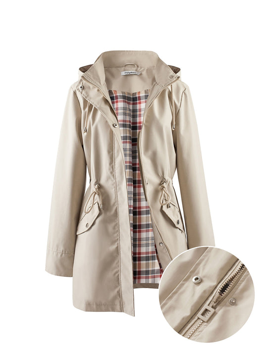 🌿 Chaqueta Impermeable Ligera para Mujer – Elegancia Verde con Capucha, Forro a Cuadros y Cintura Ajustable 🌧️