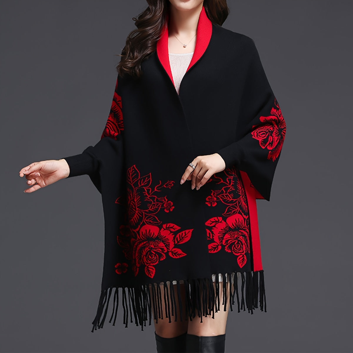 🧣 Chal Elegante de Jacquard con Flecos – Estilo Capa para Otoño e Invierno