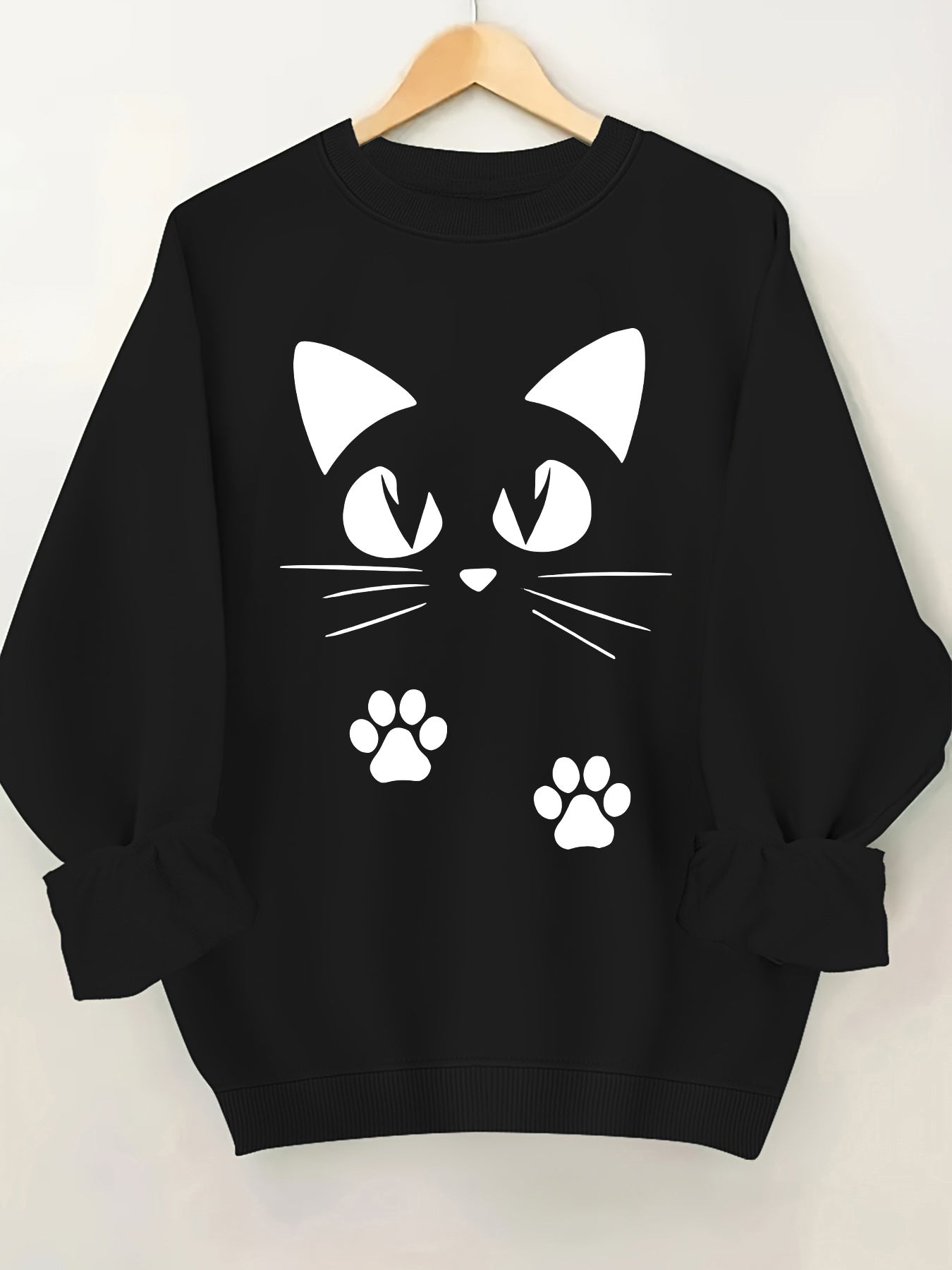 🐾 Sudadera Rosa con Estampado de Gatito para Mujer – Cuello Redondo y Puños Volados, Ideal para Primavera y Otoño 🌸
