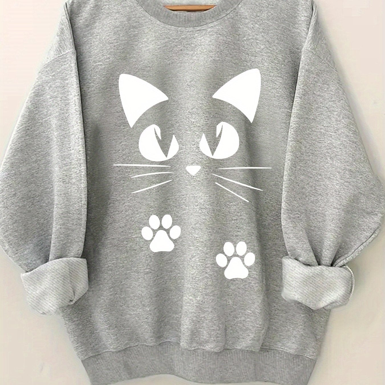 🐾 Sudadera Rosa con Estampado de Gatito para Mujer – Cuello Redondo y Puños Volados, Ideal para Primavera y Otoño 🌸