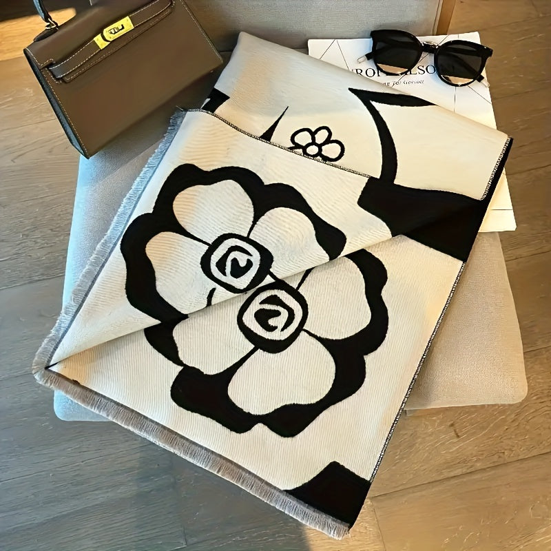 🌸 Chal Bohemio con Flores de Camelia en Blanco y Negro – Elegancia Atemporal para Mujeres Románticas