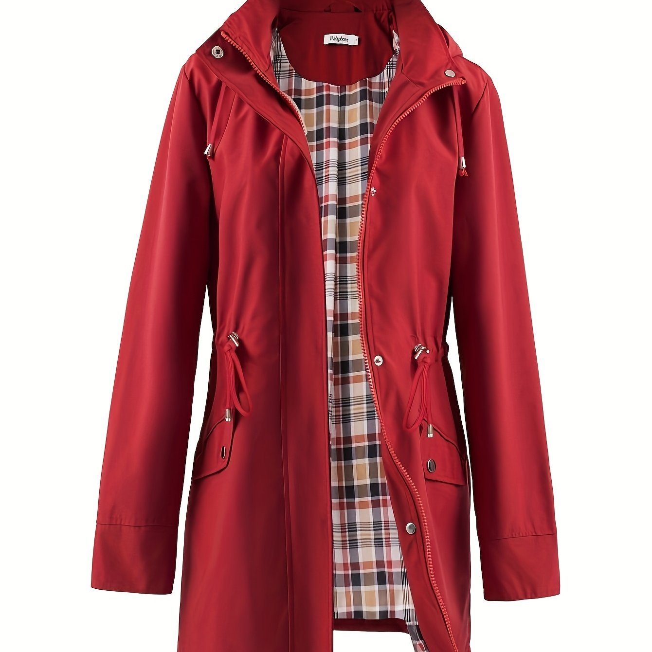 🌿 Chaqueta Impermeable Ligera para Mujer – Elegancia Verde con Capucha, Forro a Cuadros y Cintura Ajustable 🌧️