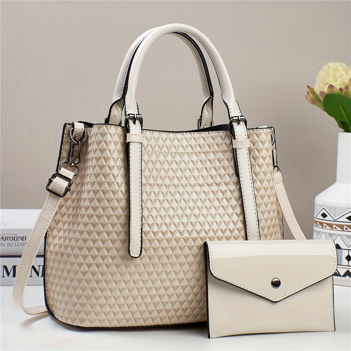 Bolso Tote Geométrico Estilo Crocodilo para Mujer con Correa Ajustable y Clutch Desmontable