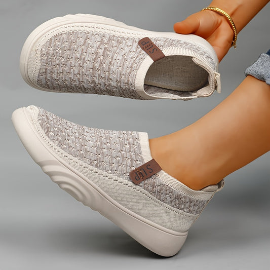 Mocasines casuales sin cordones para mujer: tejido de punto transpirable, suela gruesa, suela de goma antideslizante, gris versátil con detalle de cubierta marrón, calzado cómodo para todas las estaciones, zapatos casuales
