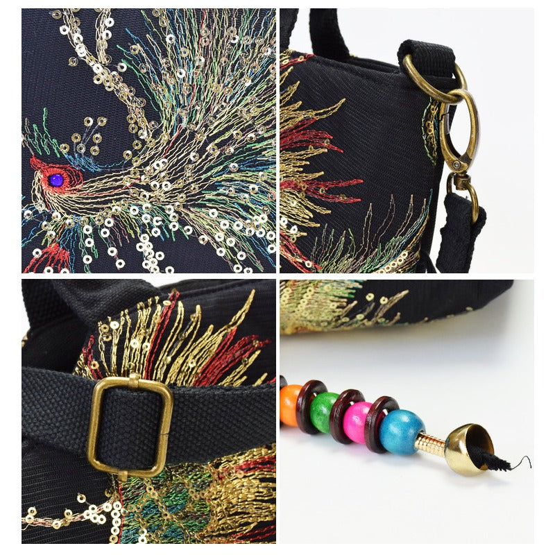 Bolso de Mano Bordado para Mujer, Estilo Retro con Asa Doble y Correa Removible