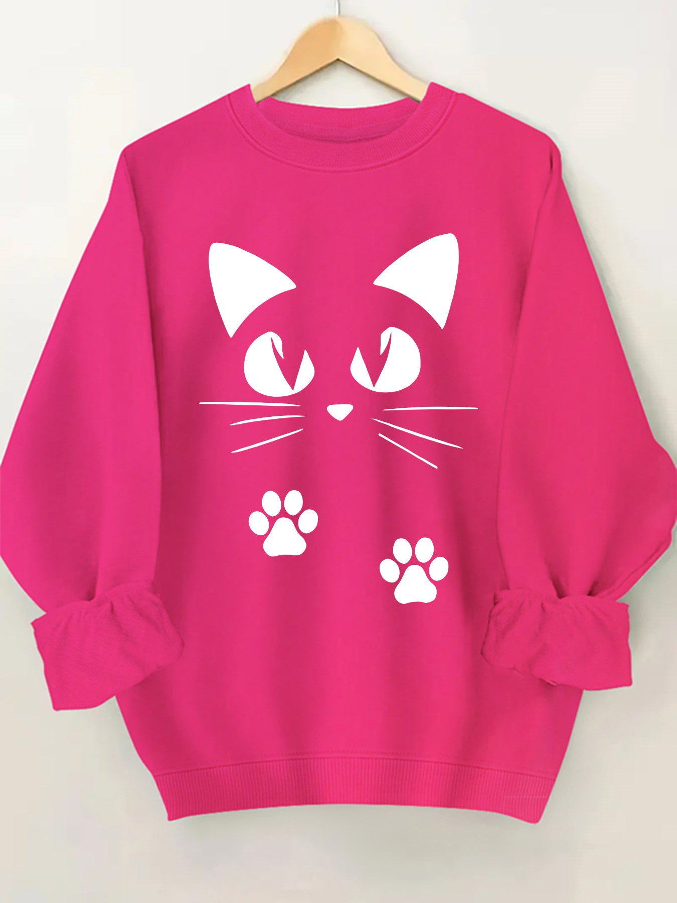 🐾 Sudadera Rosa con Estampado de Gatito para Mujer – Cuello Redondo y Puños Volados, Ideal para Primavera y Otoño 🌸