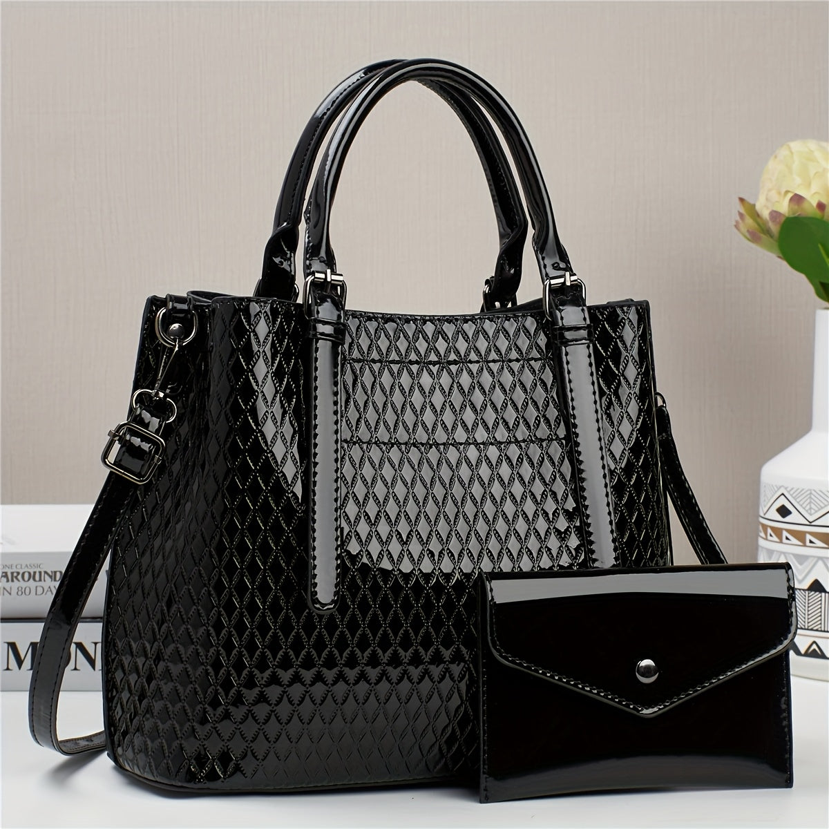 Bolso Tote Geométrico Estilo Crocodilo para Mujer con Correa Ajustable y Clutch Desmontable