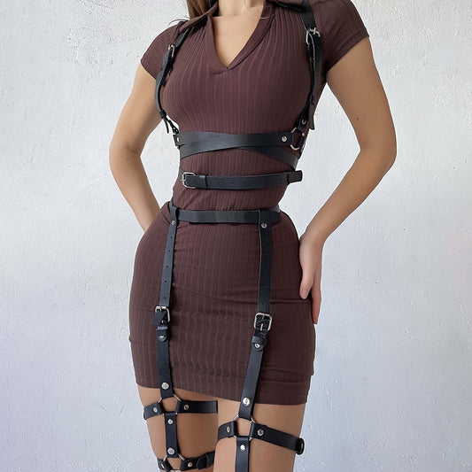 Corset Gótico Punk de 2 Piezas con Ligas y Correa para el Pecho - Estilo BDSM con Cinturón Ajustable