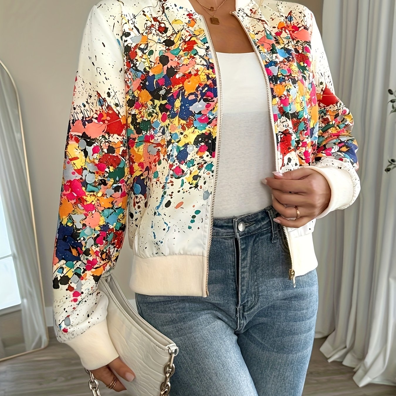 Chaqueta Casual de Tela Teñida para Mujer con Cuello Alto y Detalle de Cremallera - Ligera y Perfecta para Primavera y Otoño 🌿✨