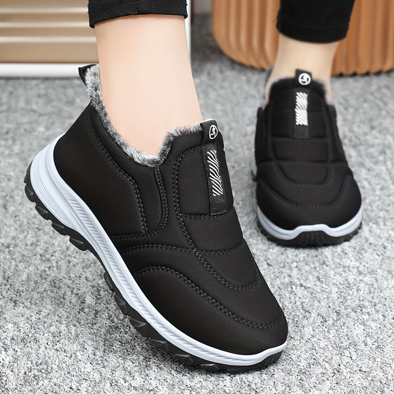 Botines de invierno para mujer cómodos y elegantes: forro de felpa, suela antideslizante, punta redonda, zapatos casuales cómodos para exteriores con plantilla suave, color sólido, forro polar cálido para caminatas y send
